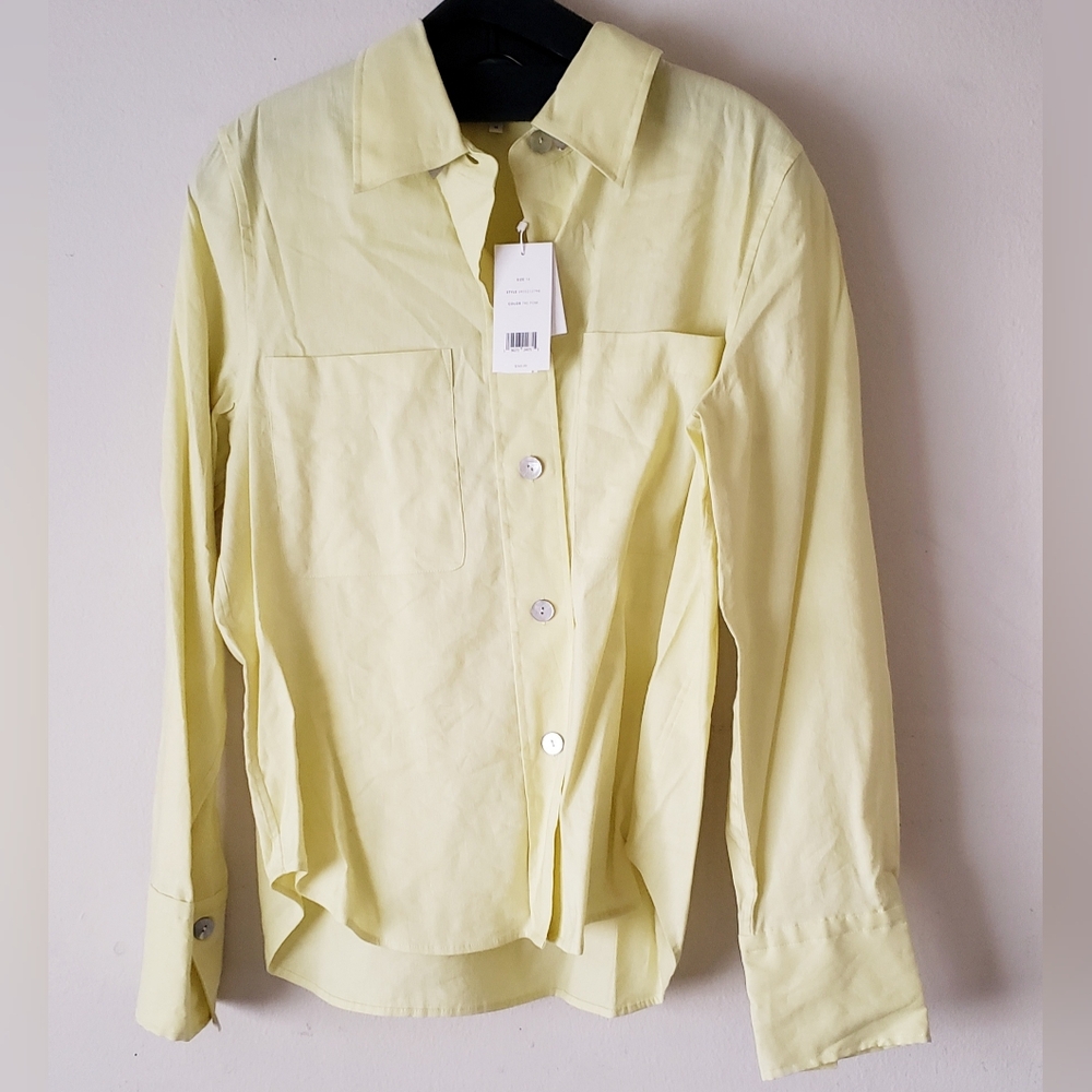 Vince Linen Blend Yellow Green Button-Up Women's Shirt - Picture 2 of 12